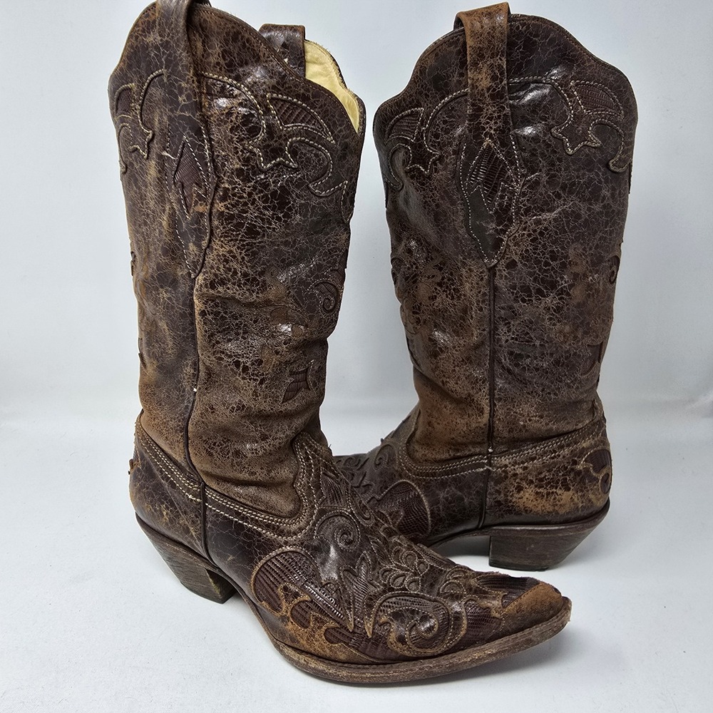 Corral Women's Chocolate‎ Lizard Inlay Snip Toe Cowgirl Boots C2109 Womens 9
